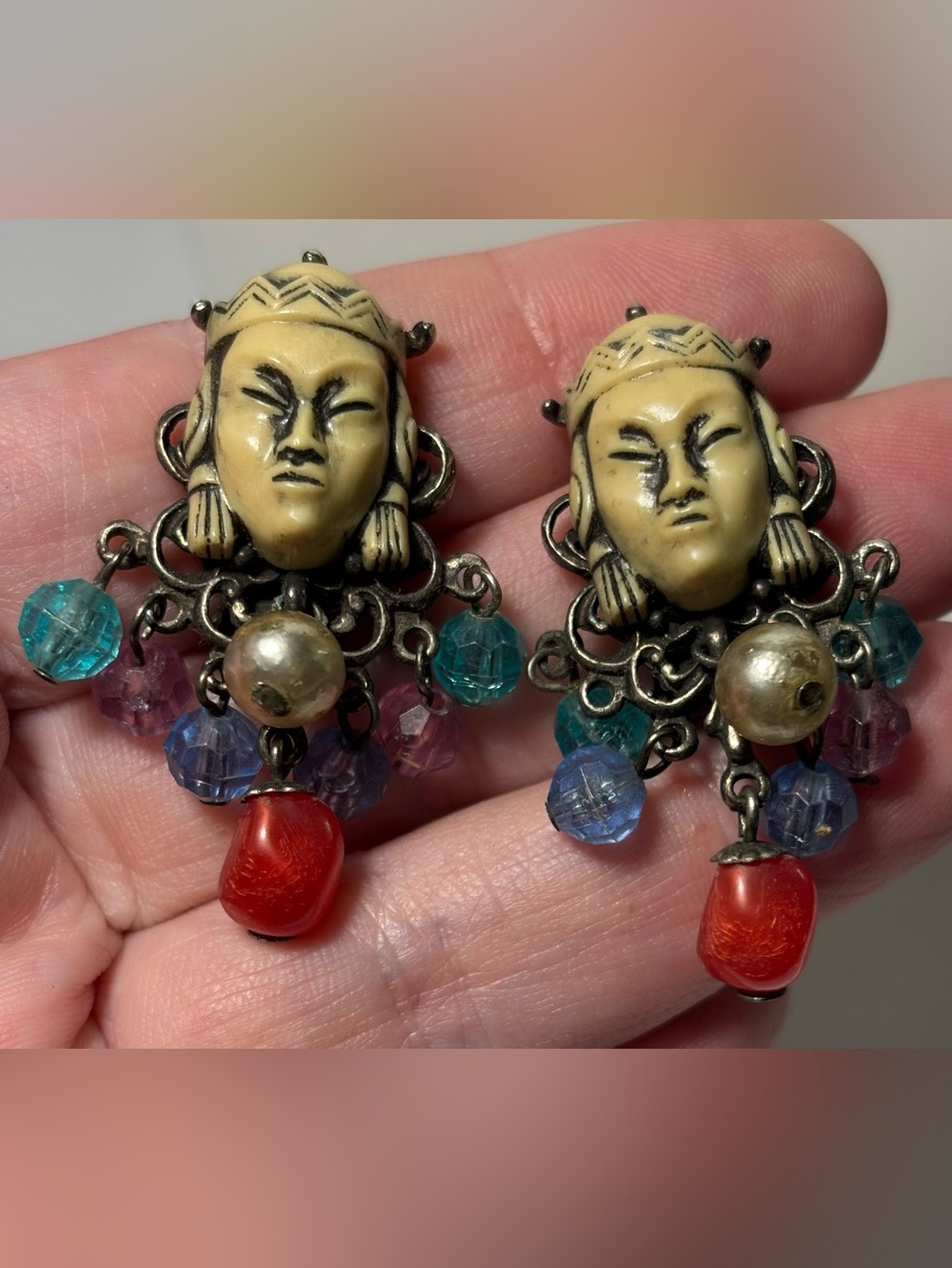 Signed Selro Asian Princess Face Clip Earrings Dangle 1.5” Vintage - Picture 8 of 8
